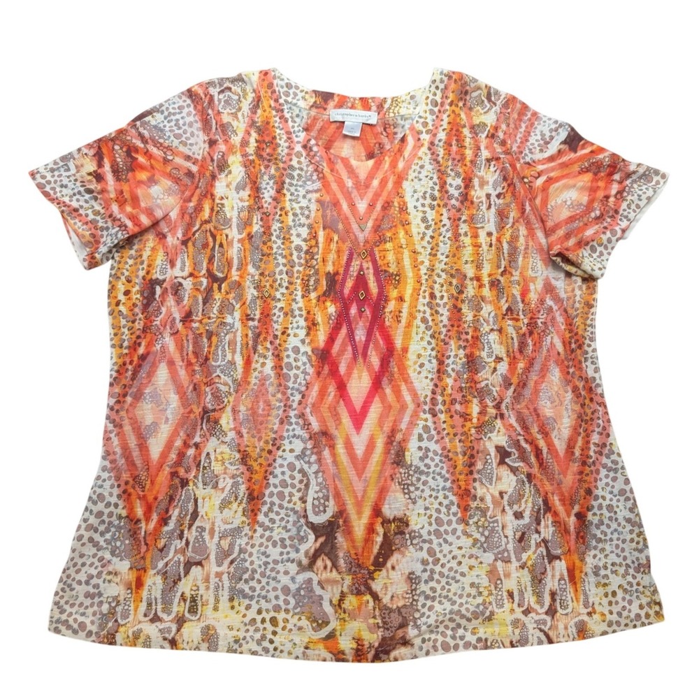Christopher & Banks Top Women XL Orange Geometric Rhinestone Short Sleeve